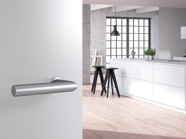 HEWI System 162 lever handle A round stainless-steel door handle on a light grey door; behind it, a room with a white kitchen