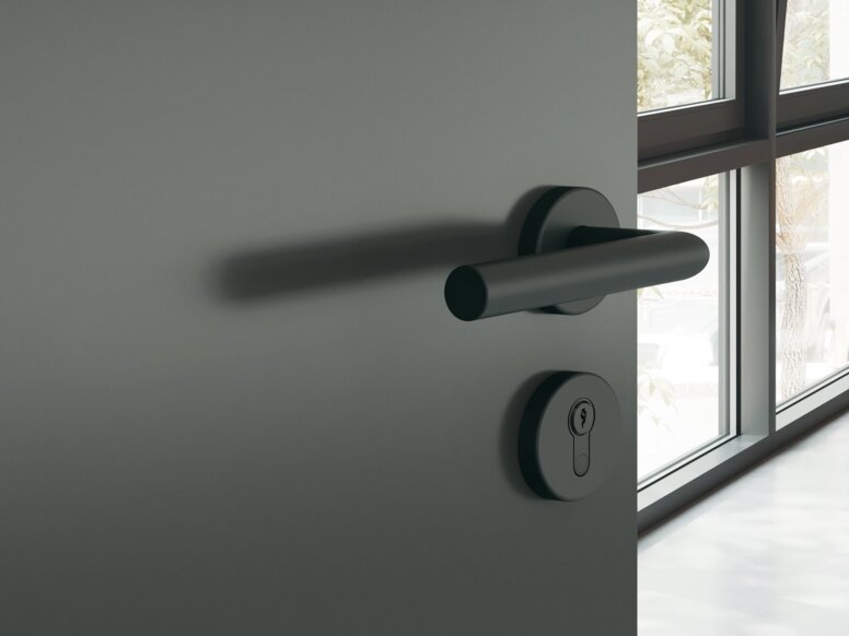 HEWI System 162 lever handle A dark grey powder-coated door handle with a round rose on a dark grey door; behind it is a study with a desk and chair
