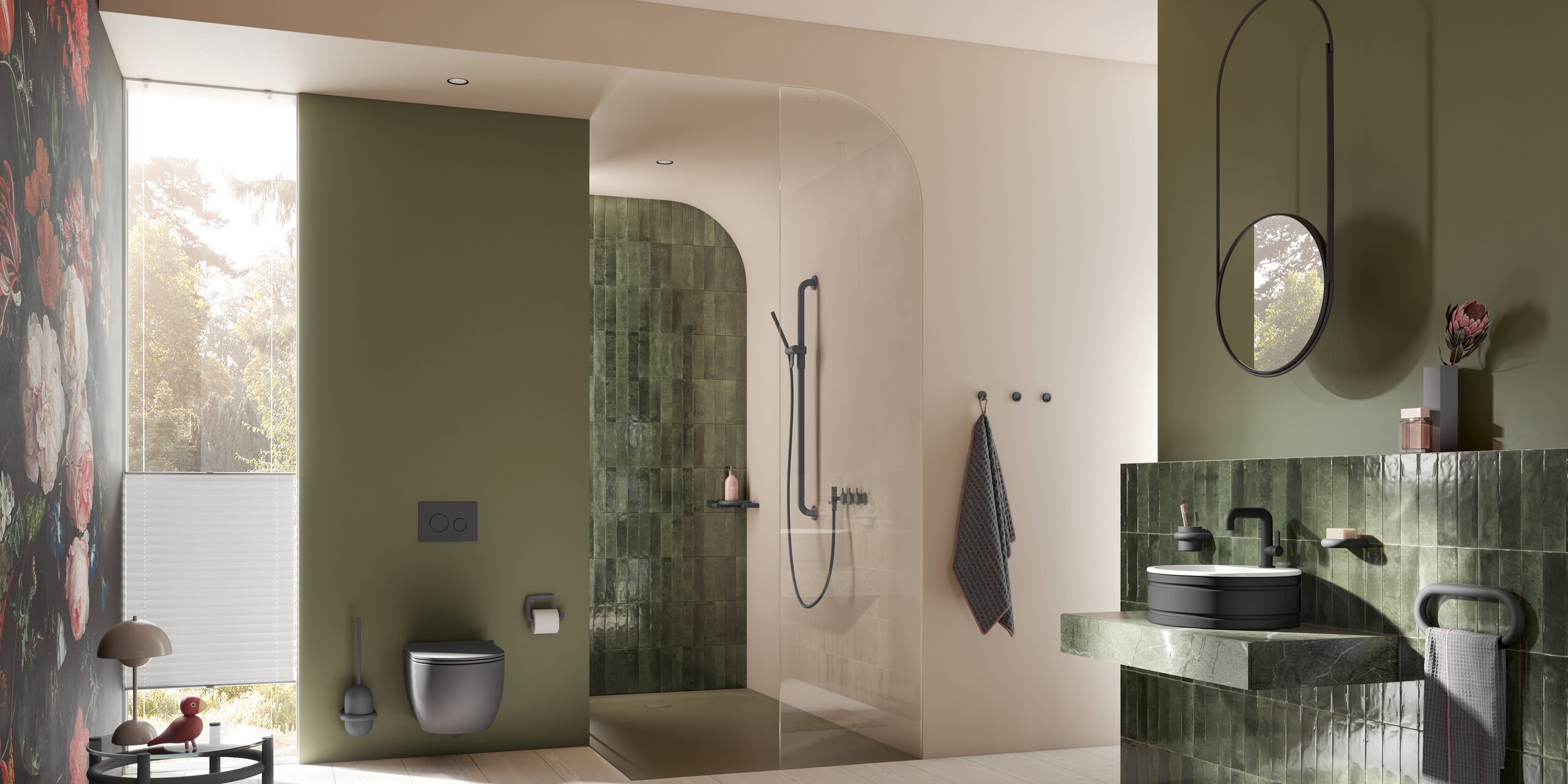 Bathroom with green and grey accents in the WC and shower areas, as well as around the washbasin