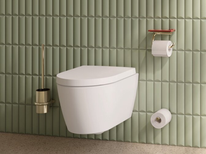 Wandhängendes WC mit Spülbetätigung und WC-Papierhalter, daneben eine bodengleiche Dusche mit Klappsitz und Brausehalterstange
