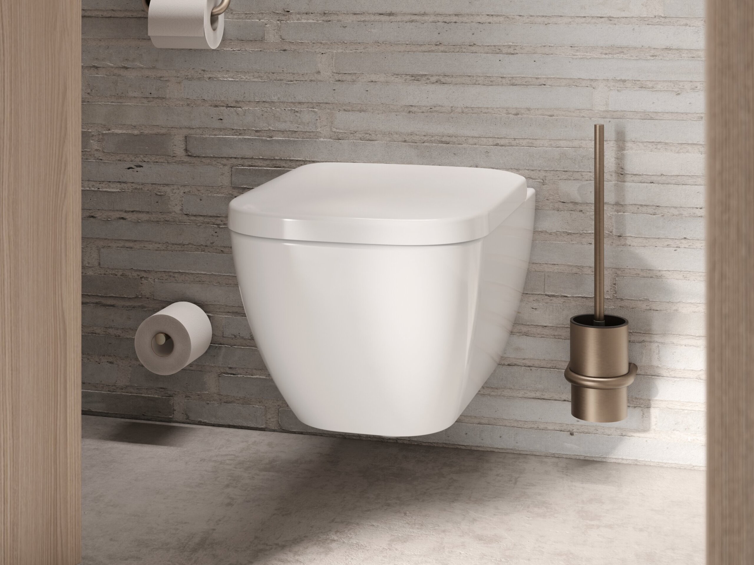Wandhängendes WC mit bronzefarbener PVD-Beschichtung bei der Toilettenbürste, dem WC-Papierhalter und dem Reservepapierhalter