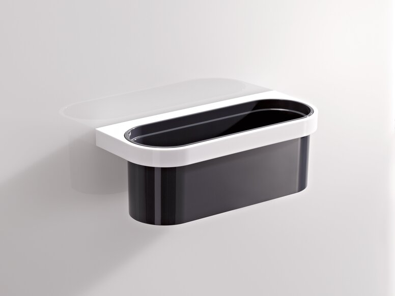 HEWI System 800K shower basket Wall-mounted synthetic material storage box with a white frame and black insert on a light grey wall