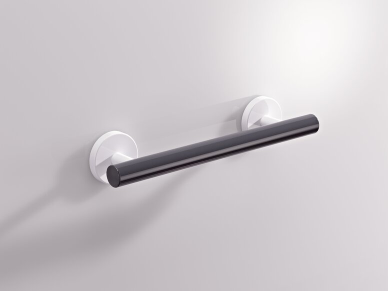 HEWI System 800K Support Handle Support rail with a black round synthetic material tube and white wall brackets, fitted to a light grey wall