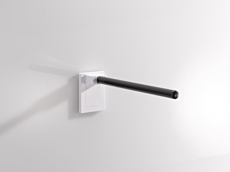 HEWI System 800K Single-sided hinged support rail handle Hinged support rail made of black synthetic material with a white synthetic material fitting on a white wall