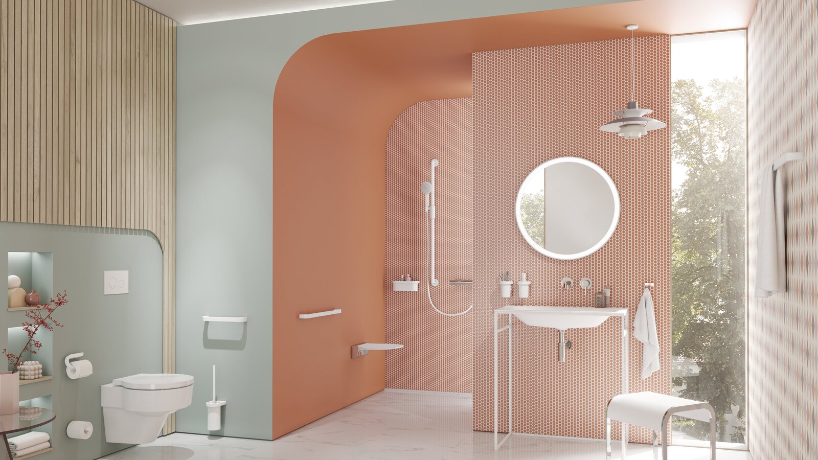 HEWI System 800 Interior A hinged seat and support rail in an accessible shower, alongside a wheelchair-accessible washbasin with a mirror and a stool
