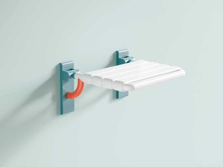 HEWI Range 801 ICONIC hinged seat Hinged synthetic material shower seat with four white bars and blue and orange sections, for mounting on a light blue wall