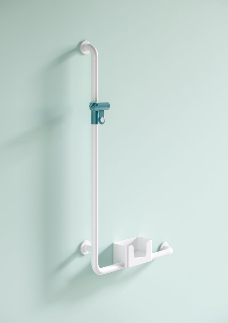 HEWI Range 801 ICONIC rail with shower head holder White synthetic material L-shaped shower handrail with a shower tray against a light blue wall