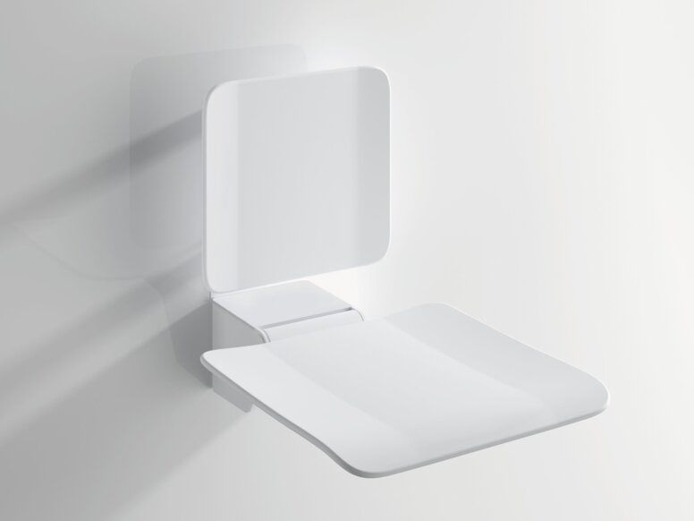 HEWI System 900 Removable Hanging Seat White, hinged synthetic material shower seat with a backrest on a white background