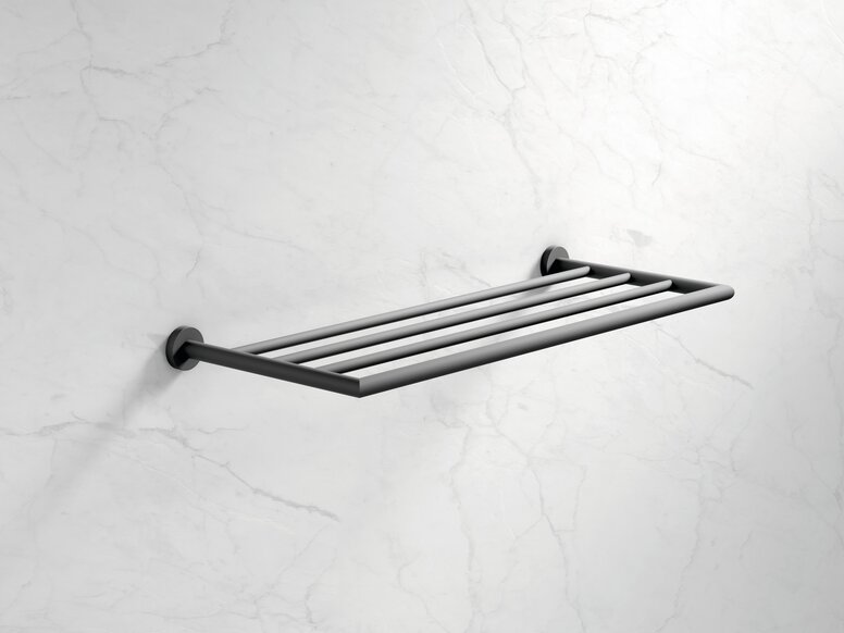 HEWI System 900 Shelf A dark grey powder-coated wall-mounted rail system with four shelves for hanging towels or clothes, set against a white marble background