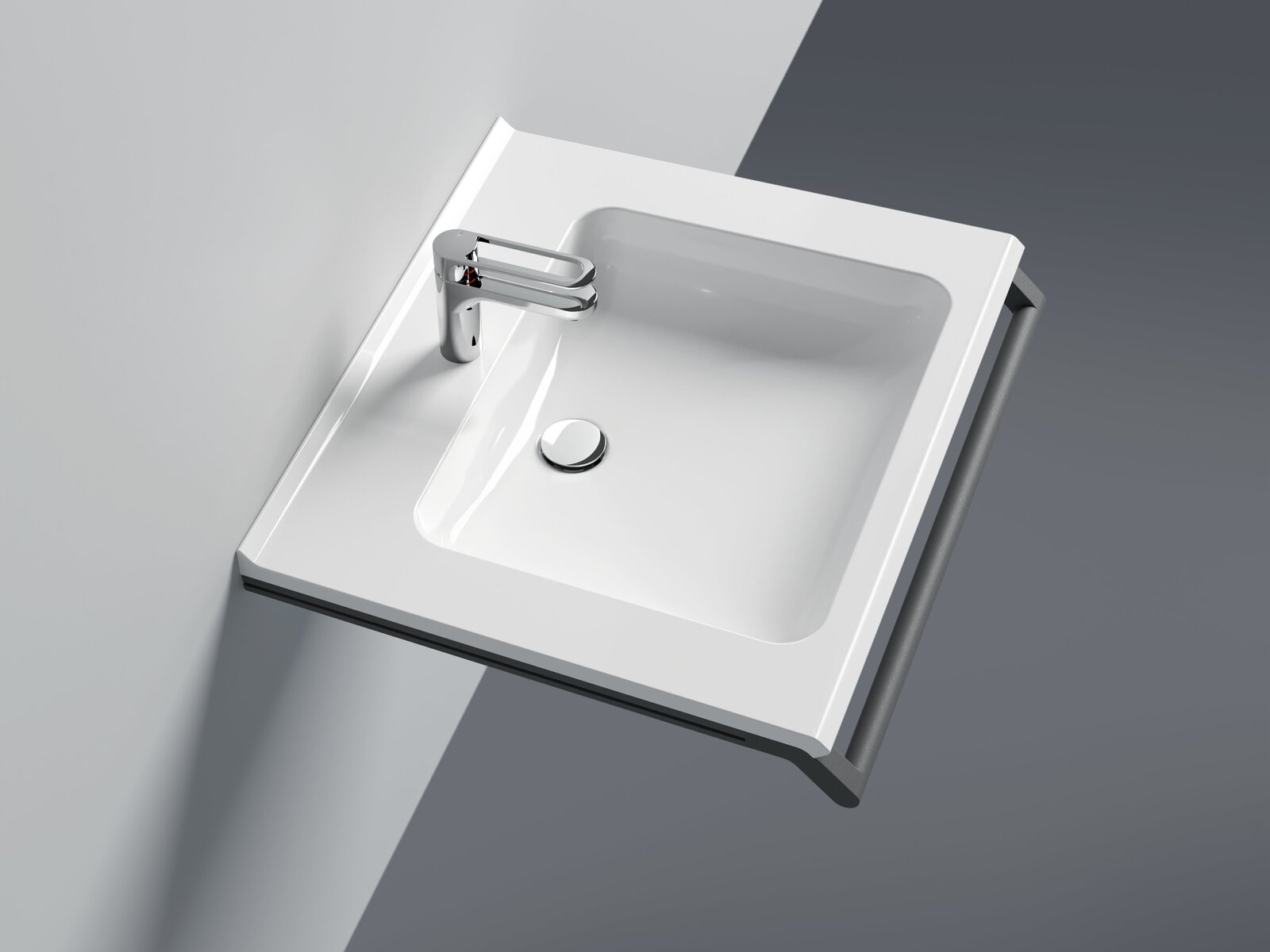 HEWI S950 washbasin White mineral composite washbasin with tap and a dark grey, front-mounted support rail on a light grey wall