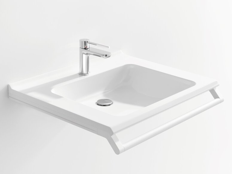 HEWI washbasin White washbasin with a rectangular bowl, a chrome-plated tap and a support rail along the front edge